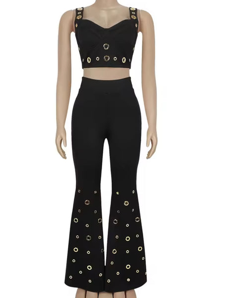 Women Fashion Sleeveless Color Rivet Two Piece Pant Set