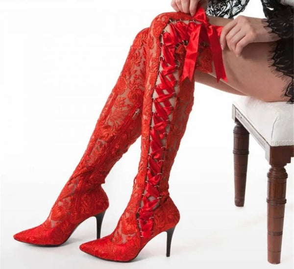 Women Lace Fashion Lace Up Knee High Boots