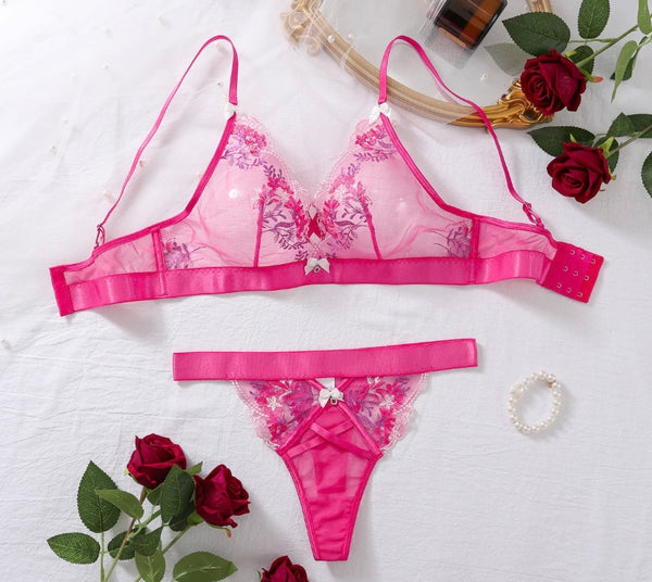 Women Pink Floral Print Mesh Sexy Lingerie Set