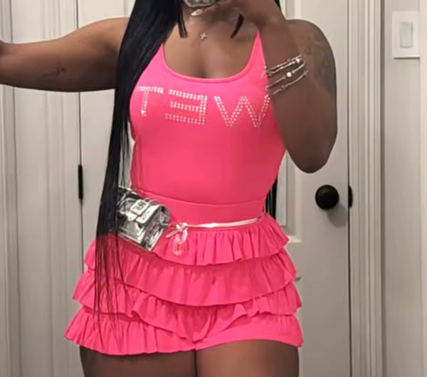 Women Sexy Sleeveless Bling Letter Print Ruffled Two Piece Short Set
