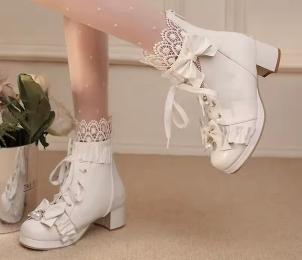 Women Fashion Lace Up Pearl Bow Ankle Boots