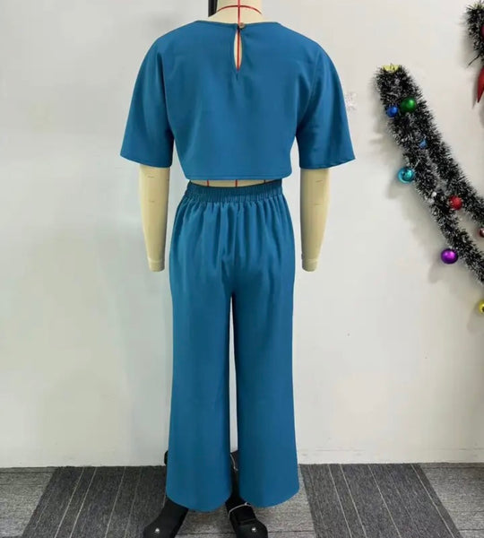 Women Fashion Button Short Sleeve Two Piece Pant Set