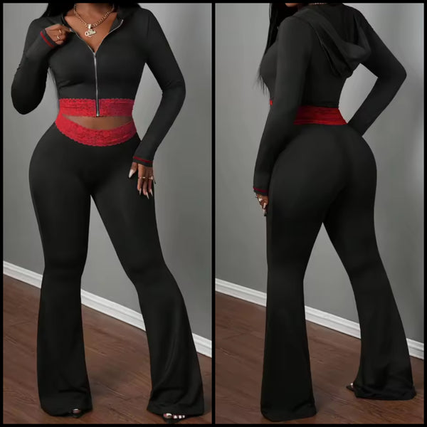 Women Color Lace Patchwork Hooded Zip Up Two Piece Pant Set