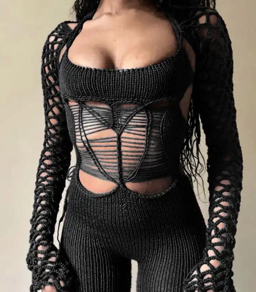 Women Sexy Knitted Full Sleeve Cut Out Fashion Jumpsuit