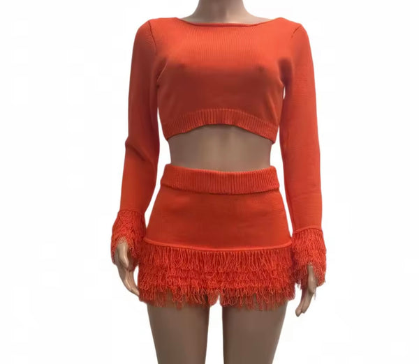 Women Color Fashion Full Sleeve Fringe Two Piece Skirt Set