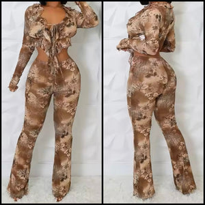 Women Sexy Printed Tie Up Full Sleeve Two Piece Mesh Pant Set