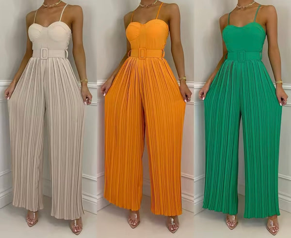 Women Sleeveless Solid Color Fashion Pleated Jumpsuit