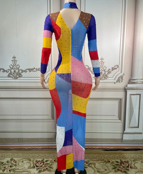 Women Sexy Color Patchwork Rhinestone Full Sleeve Mesh Maxi Dress