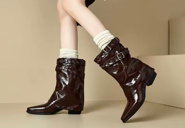 Women Fashion Patent Leather Buckled Ankle Boots