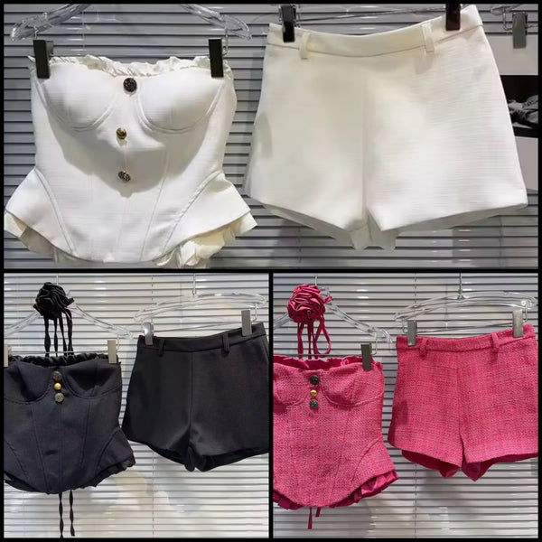 Women Sexy Button Strapless Two Piece Short Set