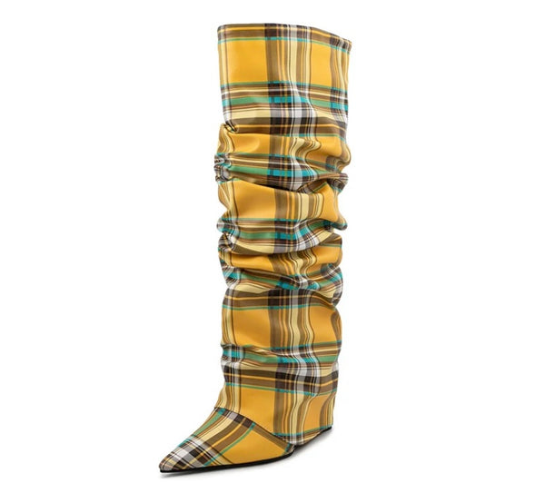 Women Fashion Color Plaid Wedge Platform Ruched Knee High Boots