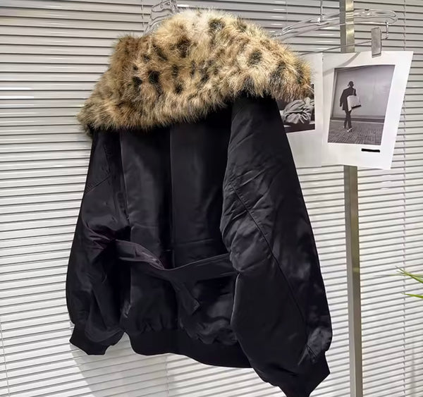 Women Black Leopard Faux Fur Patchwork Belted Jacket