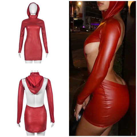 Women Sexy Red PU Hooded Open Back Full Sleeve Dress