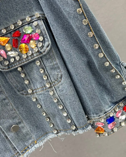 Women Fashion Pearl Rhinestone Denim Jacket