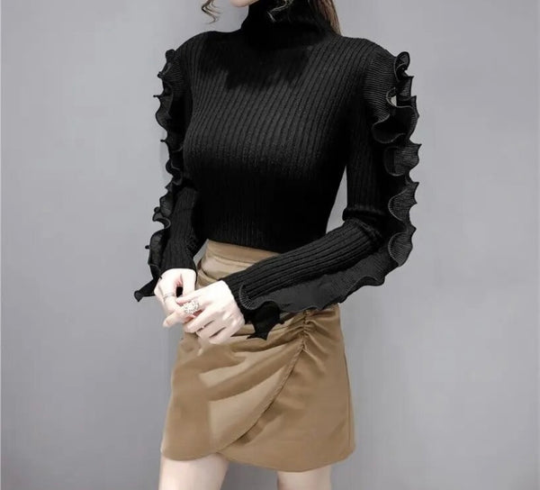 Women Fashion Turtleneck Ruffled Full Sleeve Ribbed Top