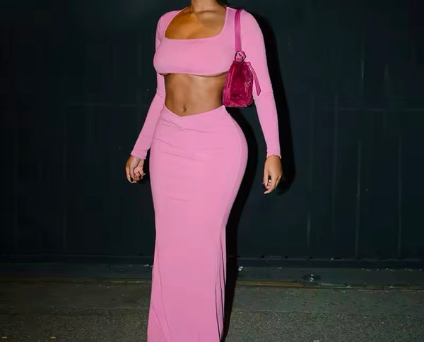 Women Sexy Solid Color Ribbed Full Sleeve Crop Two Piece Maxi Skirt Set