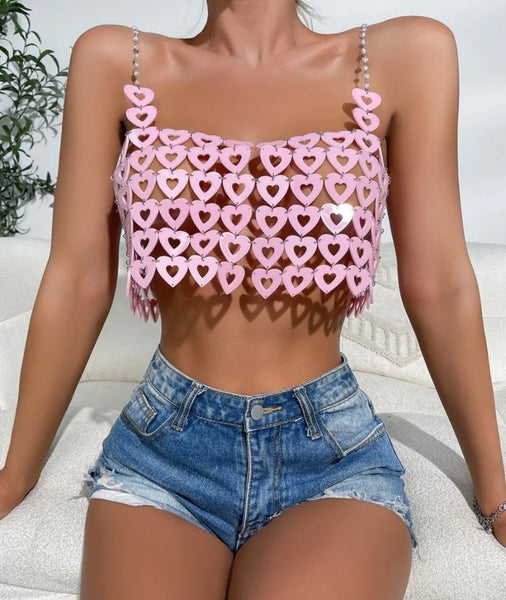 Women Sexy Sleeveless Pink Heart Chain Crop Top