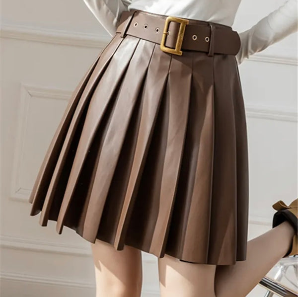 Women Belted Faux Leather Fashion Please Skirt