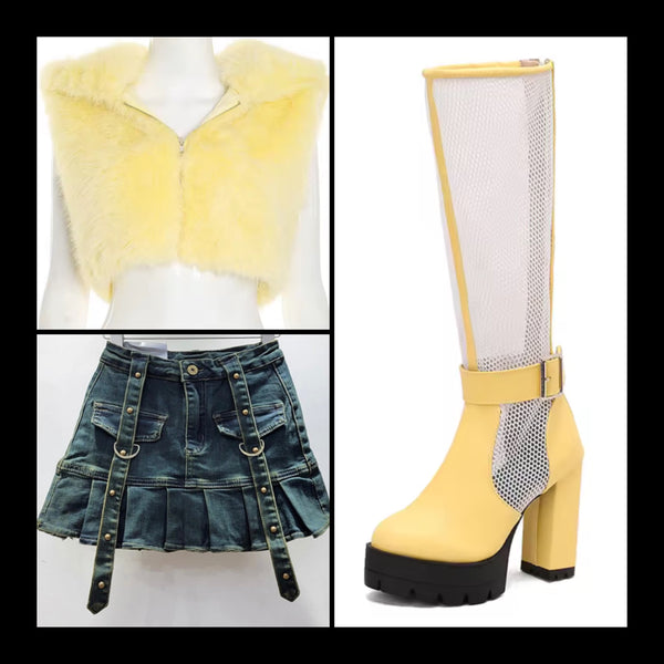 Women Fashion Buckled Pleated Denim Skirt