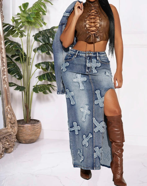 Women Fashion Printed Two Piece Denim Jacket Maxi Skirt Set