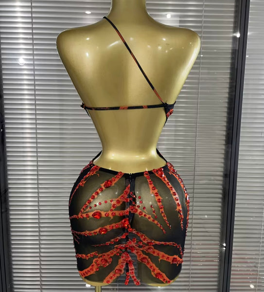 Women Sexy Halter Sleeveless Open Back Red Rhinestone Dress