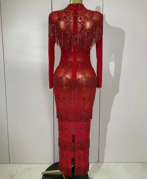 Women Sexy Red Beaded Crystal Tassel Mesh Maxi Dress
