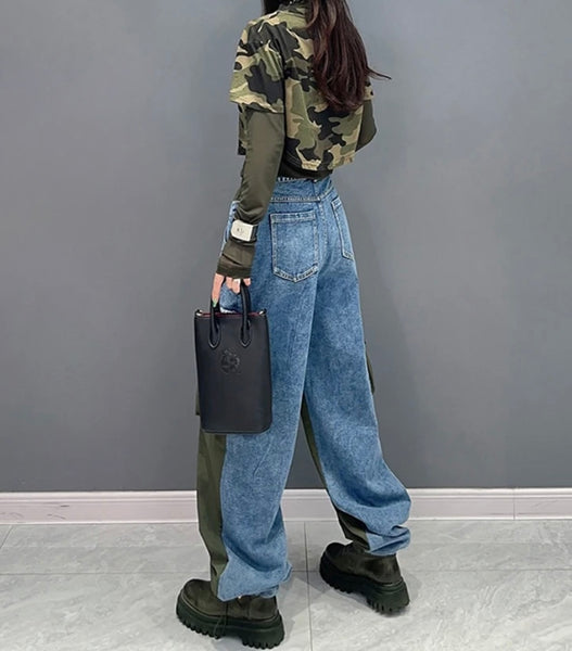 Women Fashion Color Denim Patchwork Cargo Pants