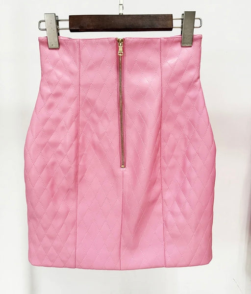 Women Pink Faux Leather Button Up Two Piece Fashion Skirt Set