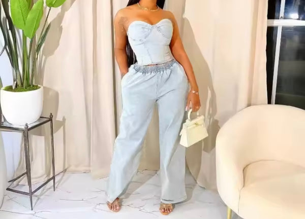 Women Strapless Denim Fashion Two Piece Wide Leg Pant Set