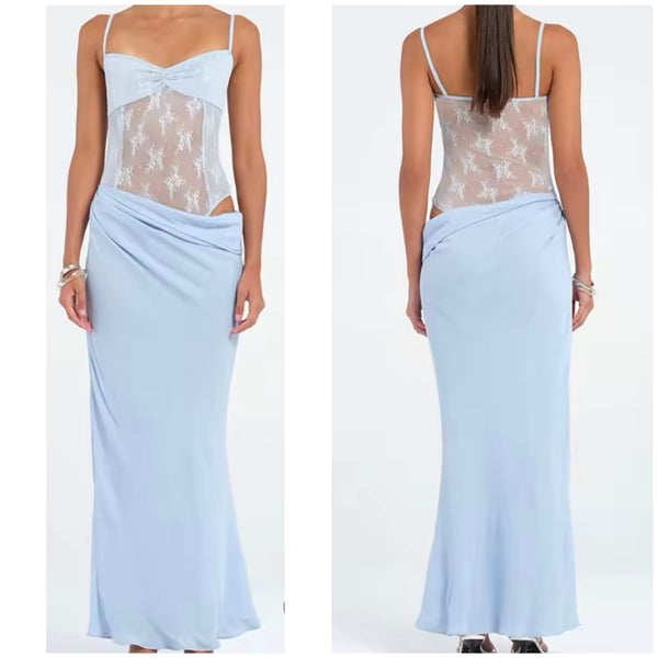Women Sexy Sleeveless Lace Mesh Patchwork Maxi Dress