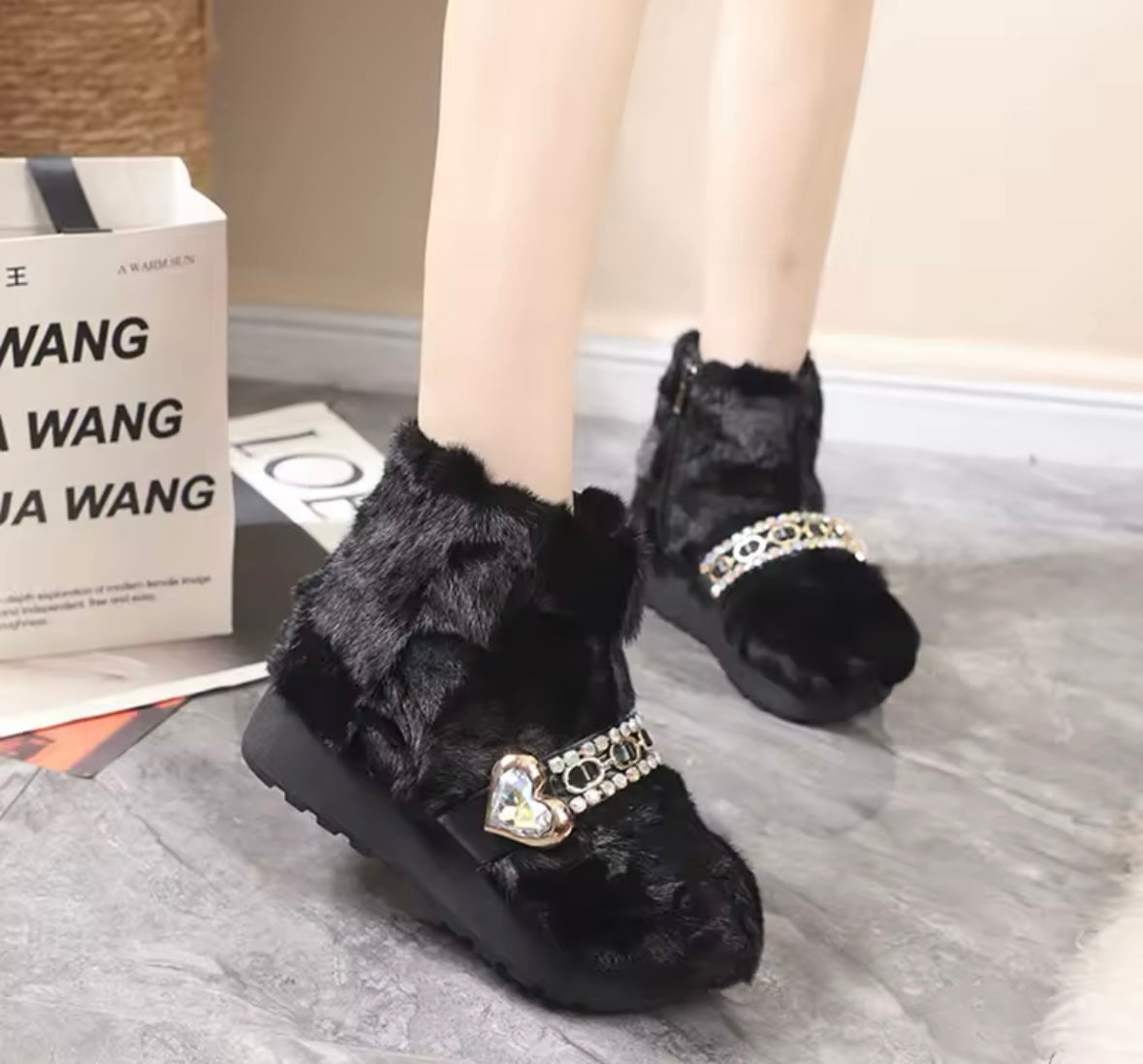 Women Bling Faux Fur Platform Ankle Boots