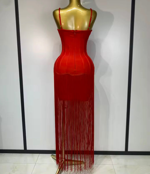Women Rhinestone Sleeveless Fringe Tassel Sexy Maxi Dress