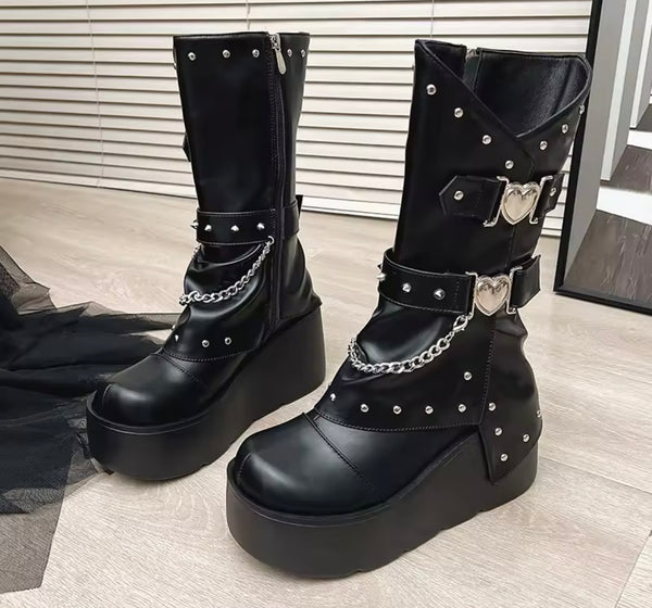 Women Heart Rivet Chain Zip Up Platform Ankle Boots