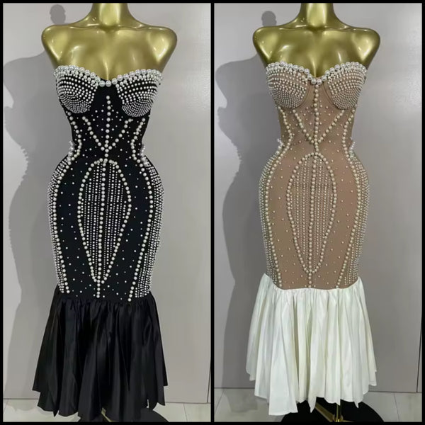 Women Sexy Strapless Rhinestone Pearl Mermaid Maxi Dress