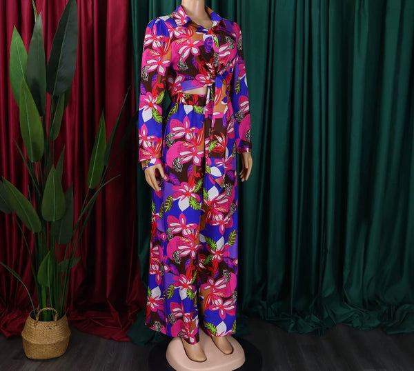 Women Fashion Button Up Floral Full Sleeve Two Piece Pant Set