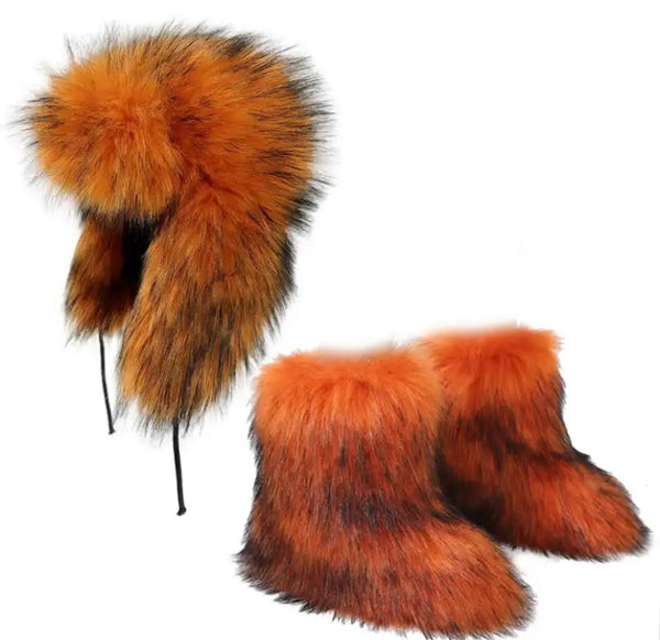Women Fashion Color Faux Fur Ankle Boots Hat Set