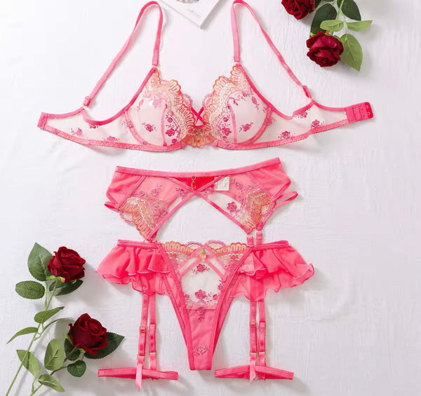 Women Sexy Pink Embroidery Mesh Lingerie Set
