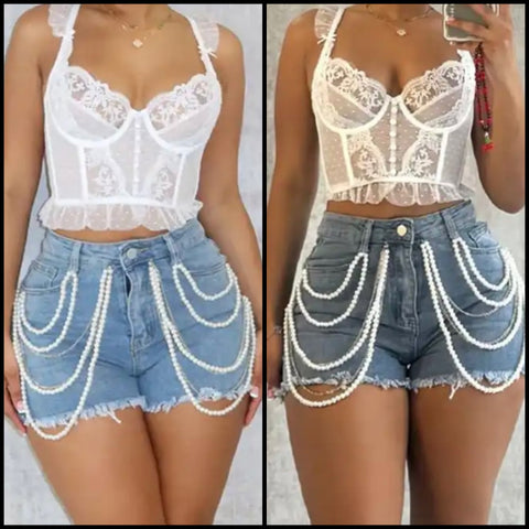 Women Pearl Chain Fashion Denim Shorts