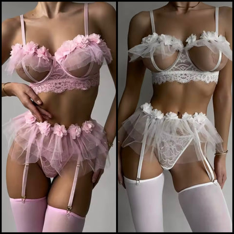 Women Sexy Cut Out Ruffled Mesh Lingerie Set