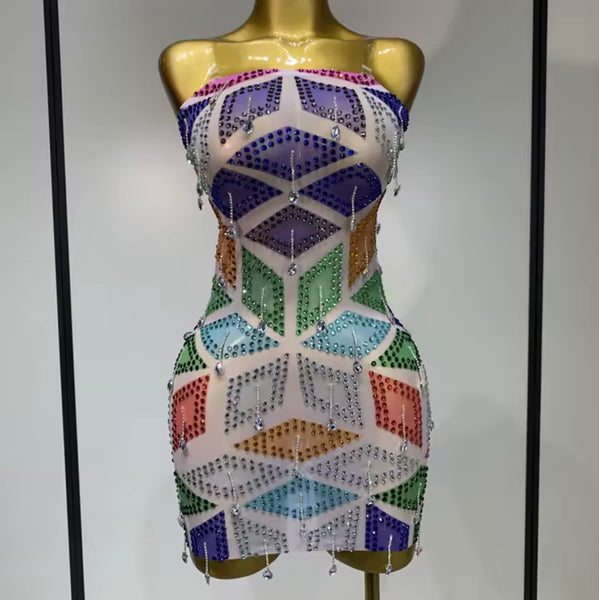 Women Sexy Strapless Colorful Crystal Mesh Dress