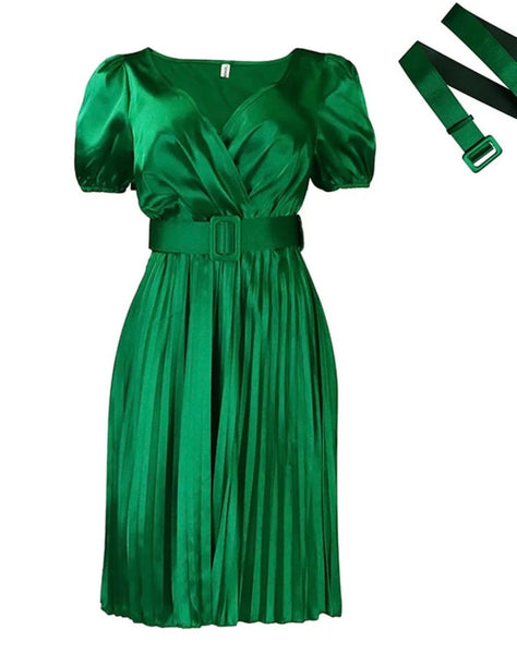 Women Sexy Short Sleeve Satin Belted Pleated Dress