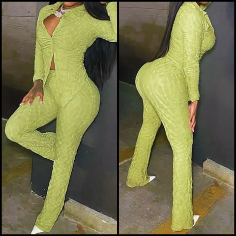 Women Fashion Green Button Up Full Sleeve Two Piece Pant Set