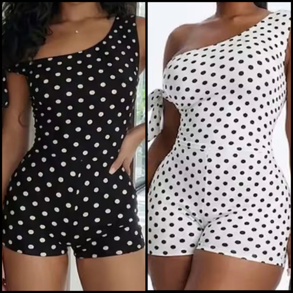 Women Sexy One Shoulder Sleeveless Polka Dot Romper