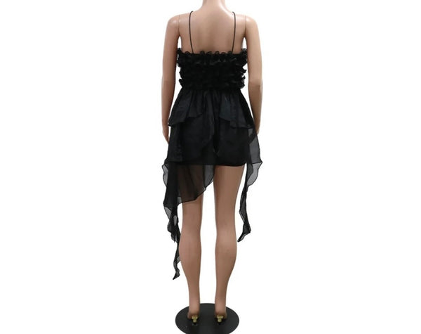 Women Black Ruffled Sleeveless Sexy Dress