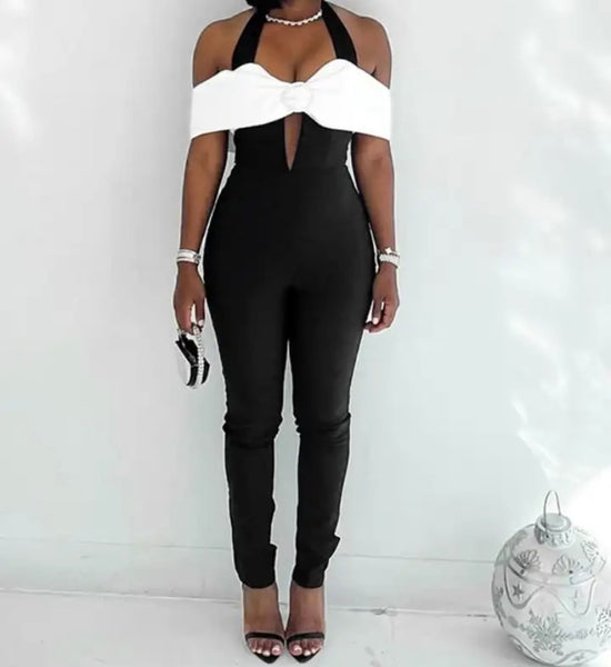 Women Fashion Sleeveless B&W Bow Jumpsuit