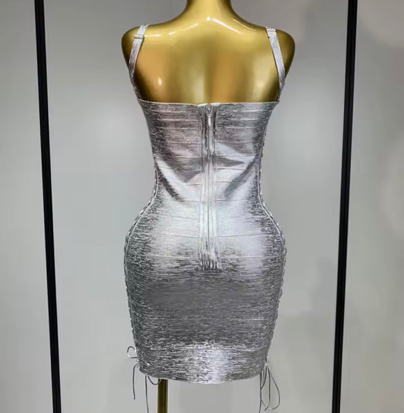 Women Sexy Sleeveless Lace Up Side Metallic Bandage Dress