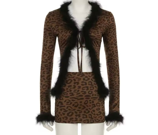 Women Sexy Fur Patchwork Leopard Two Piece Skirt Set