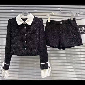 Women B&W Collar Button Up Blazer Two Piece Tweed Short Set
