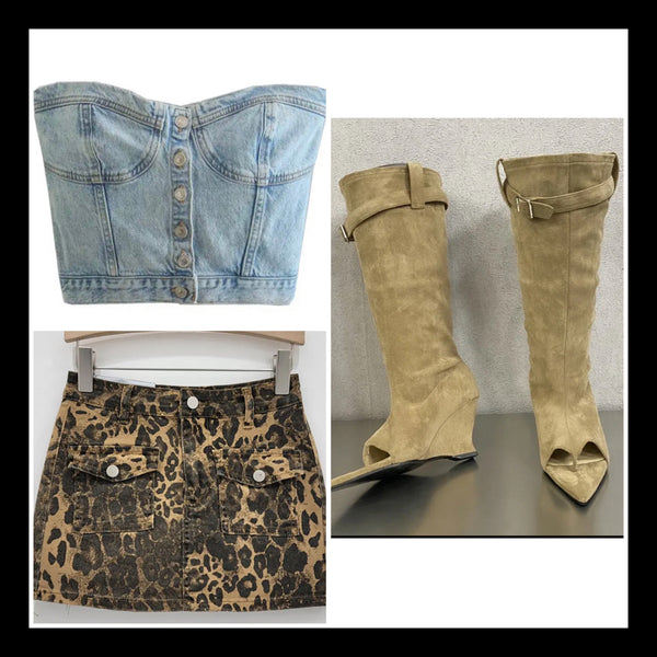 Women Sexy Fashion Leopard Print Denim Skirt