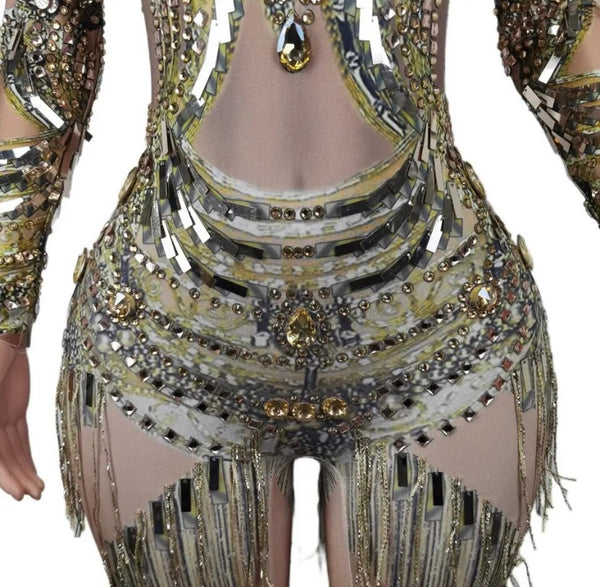 Women Sexy Full Sleeve Crystal Bling Tassel Jumpsuit